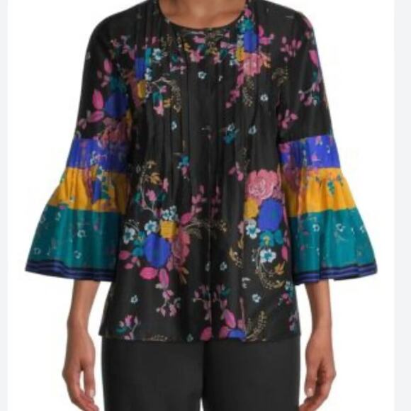Kobi Halperin Blouse Womens Large Black Floral Bell Sleeve Cotton Silk Boho - Picture 3 of 13